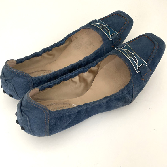TOD's Ballet Flat Square Toe Blue Scrunch Elastic Suede Slip On Loafer 7.5 - Picture 9 of 12